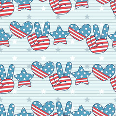 Seamless pattern of American flags USA peace finger hand cartoon. This illustration has an American Independence Day theme. Pattern for fabric and wrapping paper, design wallpaper and fashion prints.