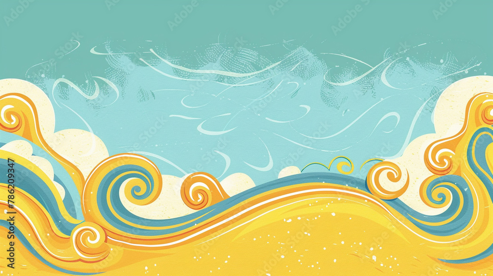 Wall mural retro yellow and blue swirled border, perfect for sunny beach event invites.