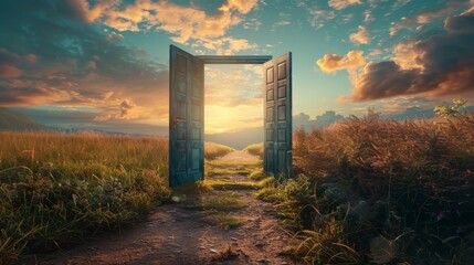 An image of a doorway leading to a world where clean energy technologies and sustainable transportation solutions drive progress towards a carbon-neutral future - obrazy, fototapety, plakaty