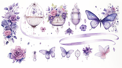 Obraz premium set collection of purple delicate accessories of a fairy princess watercolor drawing isolated on a white background soft lavender color