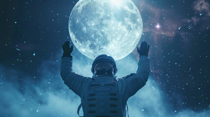 Dancing astronaut on the background of the moon and space.