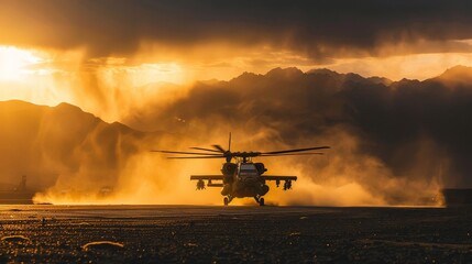 A dramatic scene as the Apache takes off from a military base, dust and debris swirling around it,...