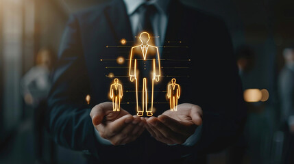 Businessman showing virtual graphic human icon HR human resources recruitment team Staff management business concept