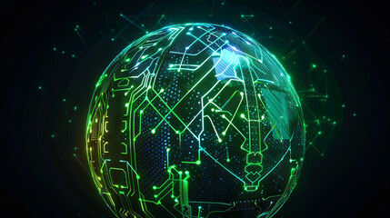 Tech sphere from glowing circuits in neon green and blue on a dark background.
