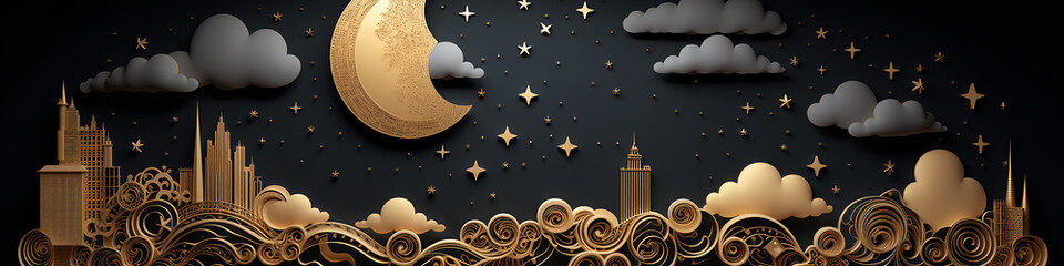 Obraz premium crescent moon fairy tale night stars clouds black background. long, narrow, panorama, line