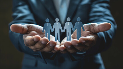 Businessman showing virtual graphic human icon HR human resources recruitment team Staff management business concept