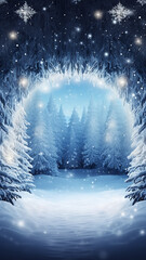 winter background, high vertical frame abstract decorated outside, blurred layout blank copyspace, park covered with snow, entrance to the forest, arch