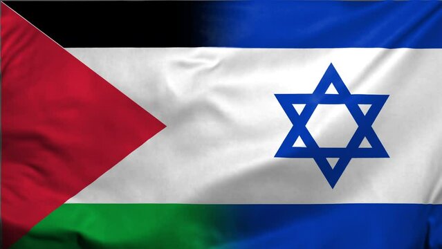 Waving Israel and Palestine Combined Flag Video Background. Realistic Slow Motion Animation in 4K Loop. Motion Graphics Depicting Palestine and Israel: Tension, Unity, Peace, and Relationship Concept.
