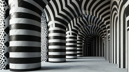 A series of arches with striped and dotted fills, in monochrome.
