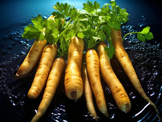 A bunch of fresh carrots with greens on a black reflective surface