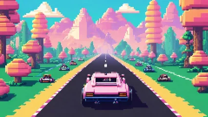 Raamstickers Retro style pseudo 3D racing game background © Creuxnoir