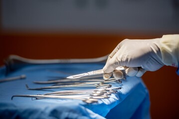 Team of surgery doctor in Operating Room hold hands scalpel surgical blade give to Surgeons During...