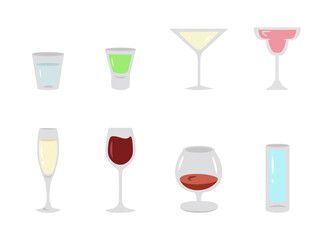 Drinks icons set. Cocktails glass. Flat alcoholic beverages. Set glass, whiskey, wine, gin, rum, tequila, cognac, champagne, cocktail, grog.