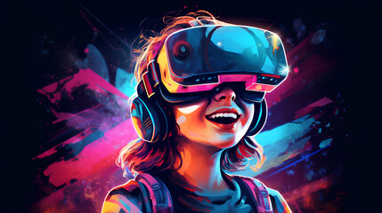 A happy child wearing virtual reality glasses. Childhood, games, leisure.