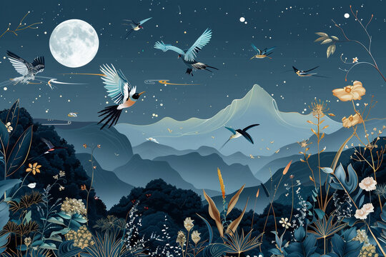 Chinoiserie style picture with abstract birds and plants. Moonlight landscape