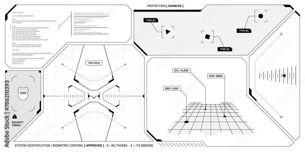 Wall mural vr hud futuristic control panel. technology head up display target and ui command center screen. gui