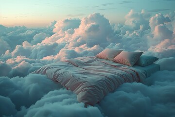 A concept of relaxation or sleeping with a bed with blanket and pillows in cloud with a big space for text or product, Generative AI.