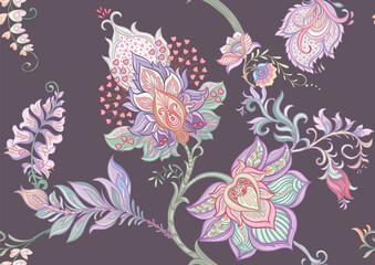 Fantasy flowers in retro, vintage, jacobean embroidery style. Seamless pattern, background. Vector illustration. - 786210304