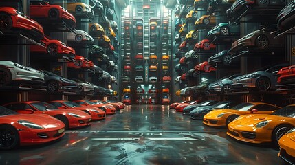 Effortless Efficiency: High-Tech Automated Parking Garage Seamlessly Stacks Cars for Space Optimization - obrazy, fototapety, plakaty