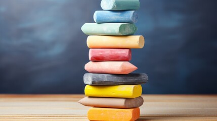 Vividly arranged colorful chalks, diverse art supplies stacked together for creative projects