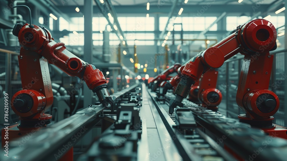 Poster an industrial engineer manages automation robot arms in a factory through a real-time monitoring sys - Posters