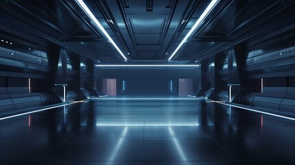 An empty, dark room presents a modern, futuristic Sci-Fi background through a 3D illustration
