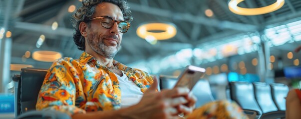 Fototapeta na wymiar happy man in bright comfy summer clothes and headphones in the airport using smartphone. ai generated