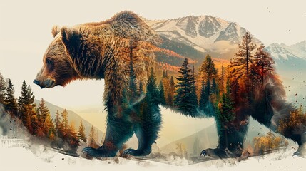 Abstract double exposure design with big male grizzly brown bear with mountain forest nature background