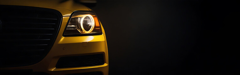 Sport yellow car on dark background.  car lights on copy space background