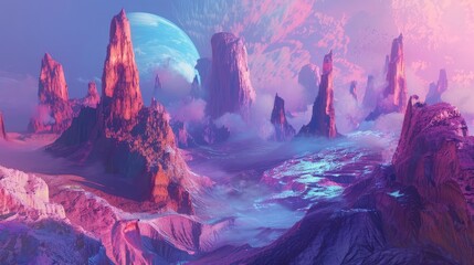 A surreal landscape on an alien planet, with vibrant colors and strange rock formations creating an otherworldly vista.