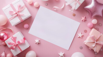 Celebration Mockup with Pink Party Decor and Blank Greeting Card