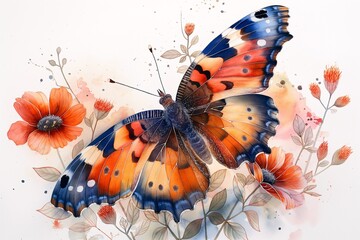 Watercolor of butterfly and flower using sponge - obrazy, fototapety, plakaty