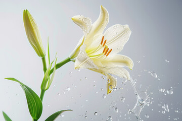 White Lily with Splashing Water Droplets