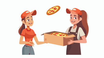 Smiling pizza delivery courier boy giving cardboard 