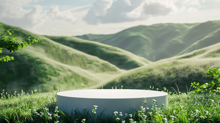 Green podium product presentation mock up with moutain nature background