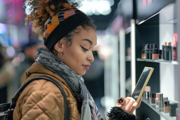 Woman browsing cosmetics on shelf in department store in New York City, USA, shopping for beauty products