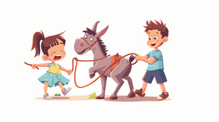 Smiling preschool kids boy pulling stubborn donkey - obrazy, fototapety, plakaty