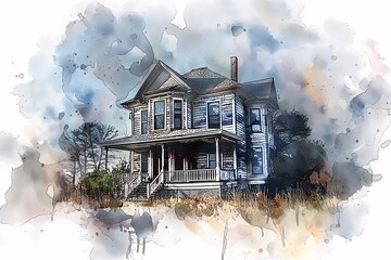 Watercolor of country house rubbing alchohol