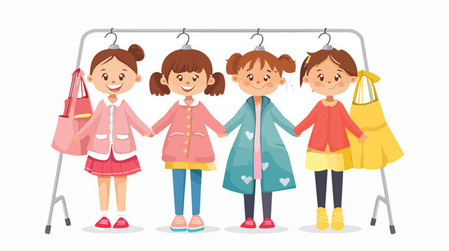 Smiling preschool girls holding  hanging coat