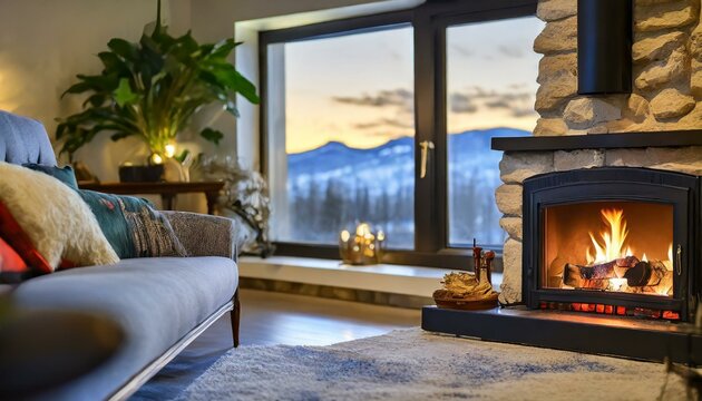 Numa sala de estar arrumada, uma lareira crepita suavemente, enchendo o ambiente com calor e conforto. 