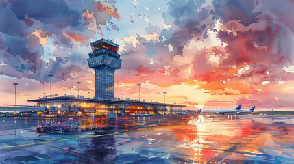 illustration of airport painted with watercolors