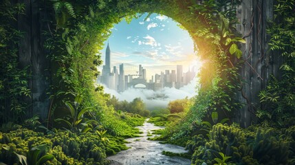 Obraz premium An artistic rendering of a doorway leading to a future where sustainable transportation and green infrastructure prevail