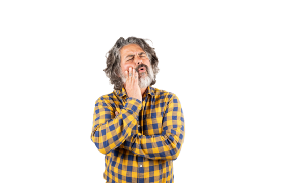 A man with a beard and a checkered shirt complains of a toothache