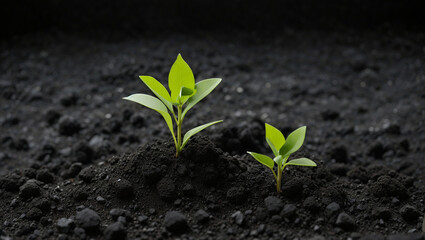 A small plant is being planted in the soil with a small shovel - obrazy, fototapety, plakaty