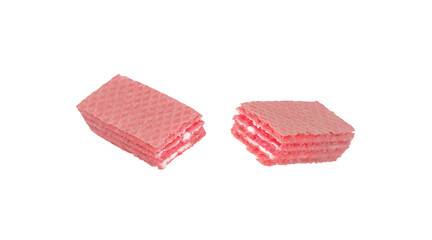 Crispy Wafer biscuit. Broken Pink Flavor Wafer. Isolated on a white background.