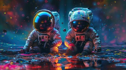Two astronauts sitting in front of colorful paint splattered background on the ground