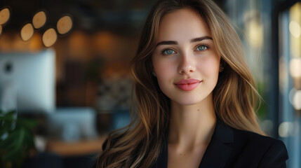 Obraz premium Attractive bussines woman, with bluured background, empty copy space 