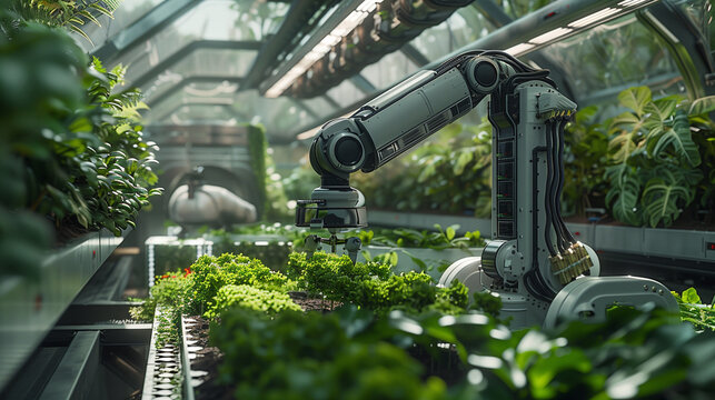 Smart hydroponic farm run by robots, Agriculture technology,  Generative AI