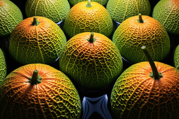 A close up of a bunch of netted melons with a black background.
