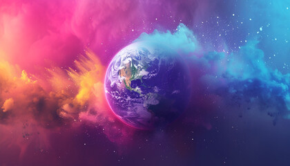 Planet Earth exploding in colorful holi powder